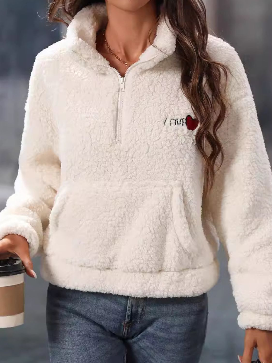 Stilla | Hjerte Halv-Zip Langærmet Teddy Sweatshirt Online Hot Salg