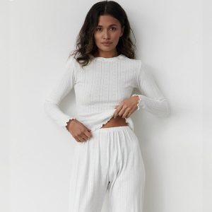 Stilla | Forår Hvid Strikket Sunket Stribe Pyjamas to Delt Sæt Afslappet Komfortable Lange Ærmer Bukser Kvinder Hjemmebeklædning Online nu