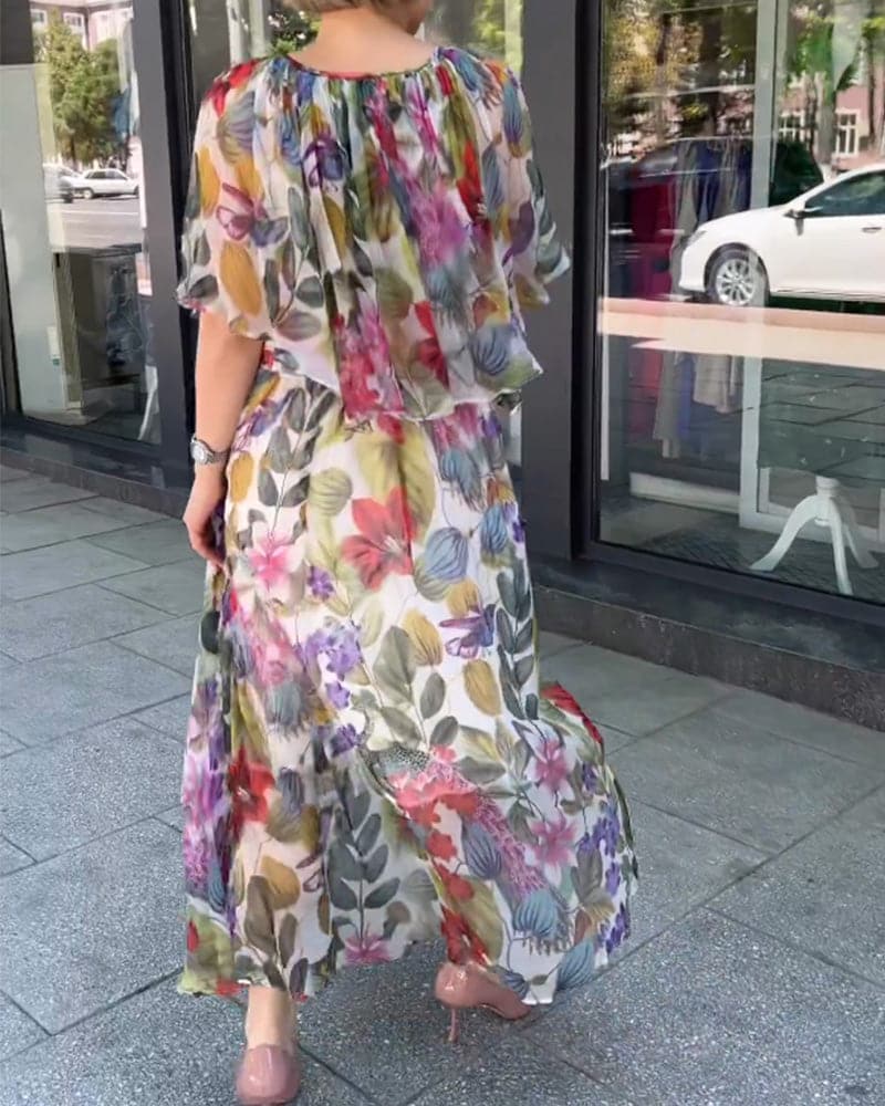 Stilla | Maxi Kjole Blomsterprint Rund Hals Korte Ærmer Let Og Luftig Pasform