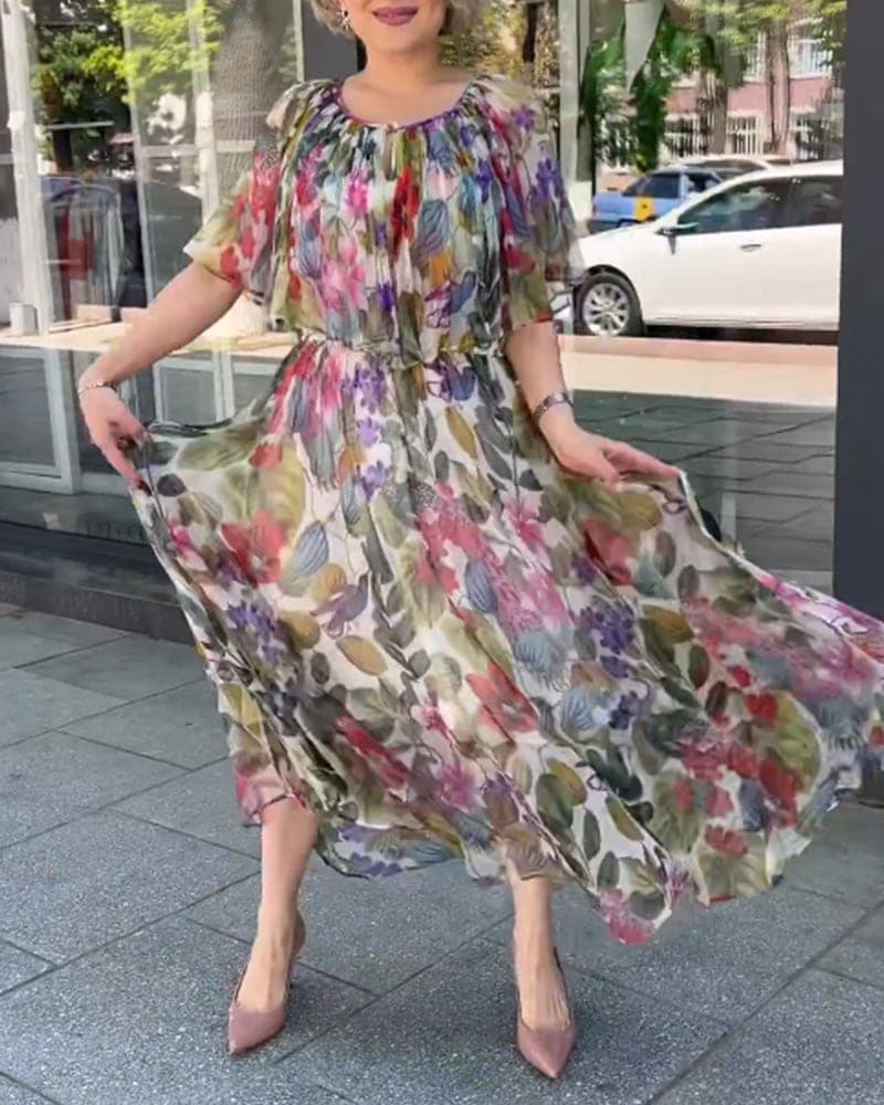 Stilla | Maxi Kjole Blomsterprint Rund Hals Korte Ærmer Let Og Luftig Pasform