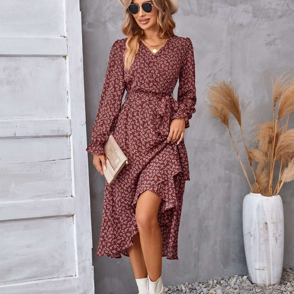 Stilla | Floral Ruffled Langærmet Kjole