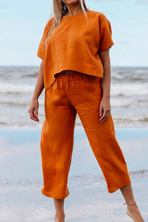 Stilla | Solid Kortærmet Pullover Top Elastisk Talje Croppede Bukser Sæt Online