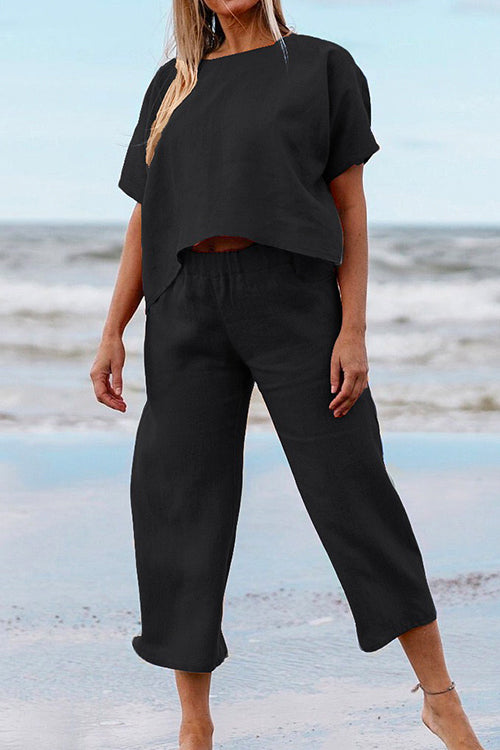 Stilla | Solid Kortærmet Pullover Top Elastisk Talje Croppede Bukser Sæt Online