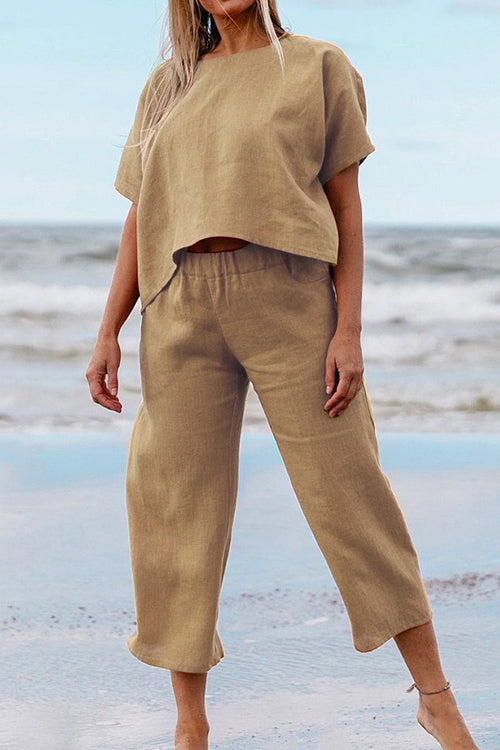 Stilla | Solid Kortærmet Pullover Top Elastisk Talje Croppede Bukser Sæt Online