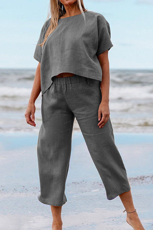 Stilla | Solid Kortærmet Pullover Top Elastisk Talje Croppede Bukser Sæt Online