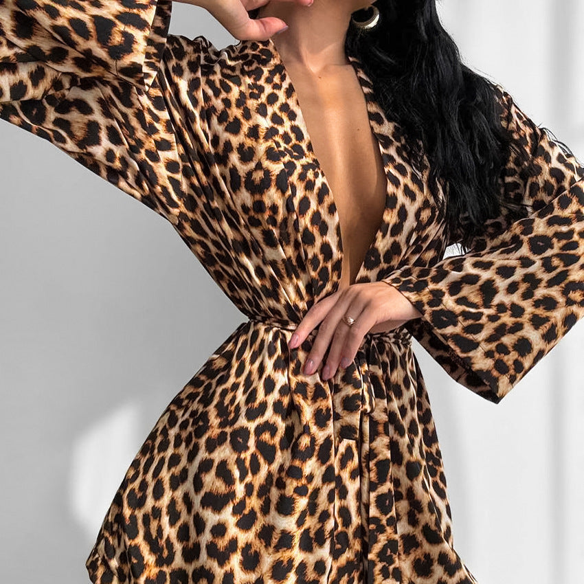 Stilla | Efterår Leopard Printet Sexet Sling Damer Hjemmebeklædning Strikketrøje Langærmet Shorts Pyjamas Tre Delt Sæt