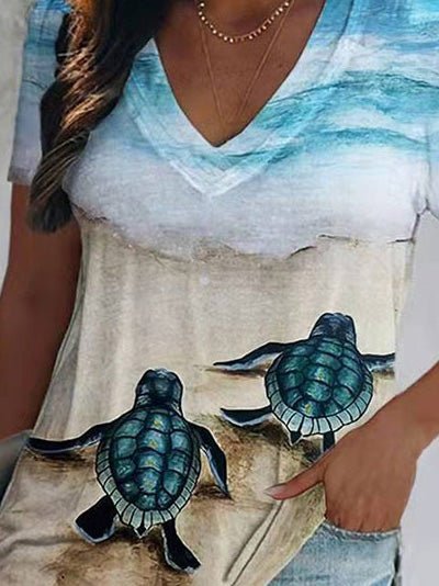Stilla | Dame T-shirts Skildpaddeprint V-hals Korte Ærmer T-shirt