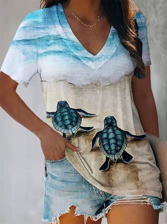 Stilla | Dame T-shirts Skildpaddeprint V-hals Korte Ærmer T-shirt