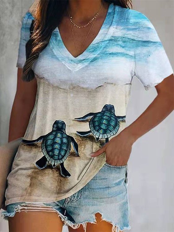 Stilla | Dame T-shirts Skildpaddeprint V-hals Korte Ærmer T-shirt