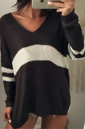 Stilla | Mode Strik Patchwork Pullover Med V-hals Og Lange Ærmer
