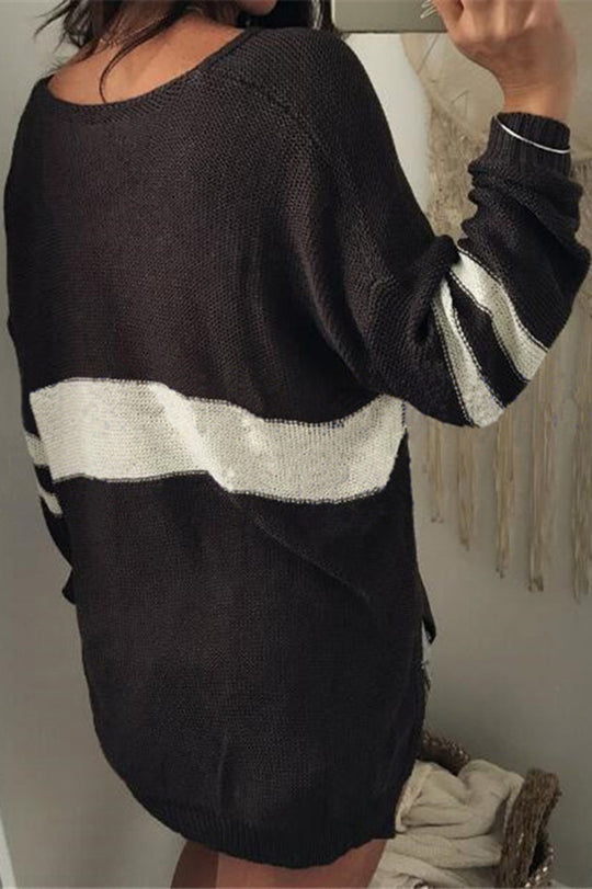Stilla | Mode Strik Patchwork Pullover Med V-hals Og Lange Ærmer