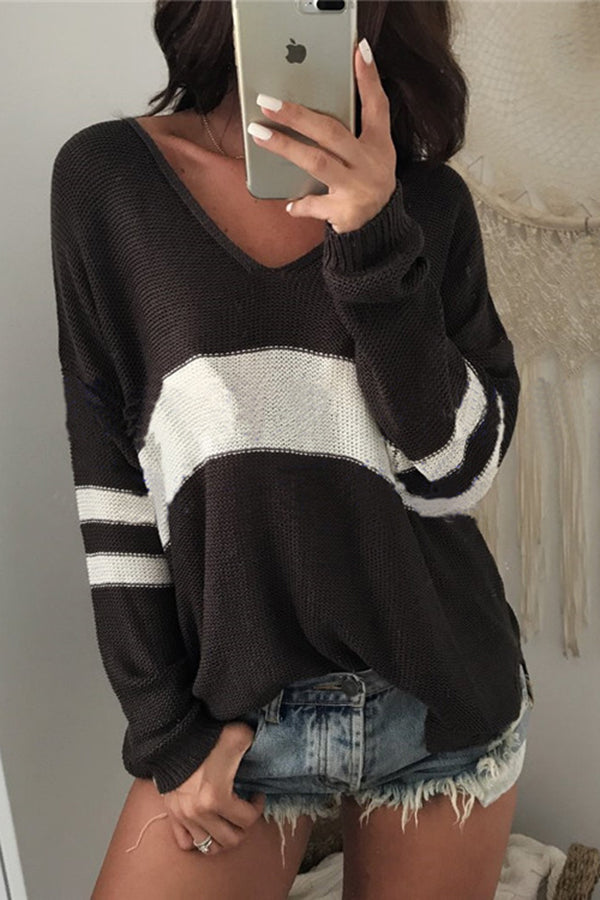 Stilla | Mode Strik Patchwork Pullover Med V-hals Og Lange Ærmer