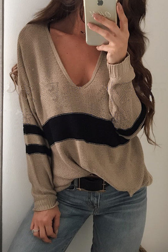 Stilla | Mode Strik Patchwork Pullover Med V-hals Og Lange Ærmer