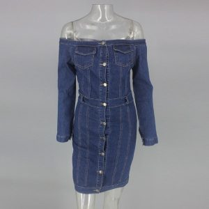 Stilla | Denim Off Shoulder Langærmet Knapliste Kjole