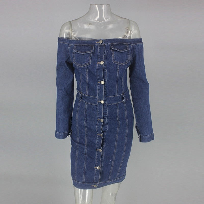Stilla | Denim Off Shoulder Langærmet Knapliste Kjole