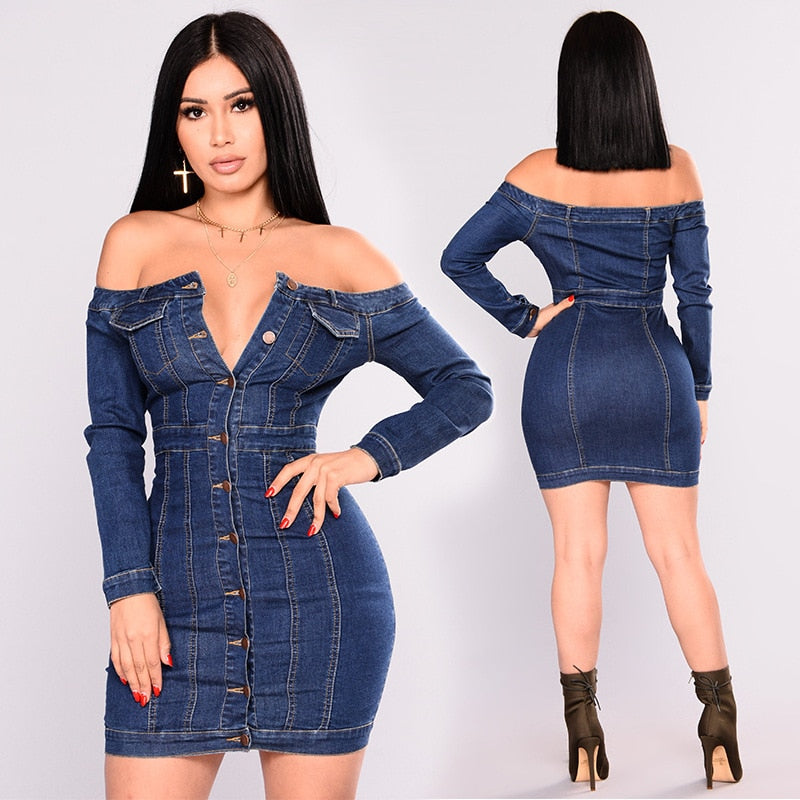 Stilla | Denim Off Shoulder Langærmet Knapliste Kjole