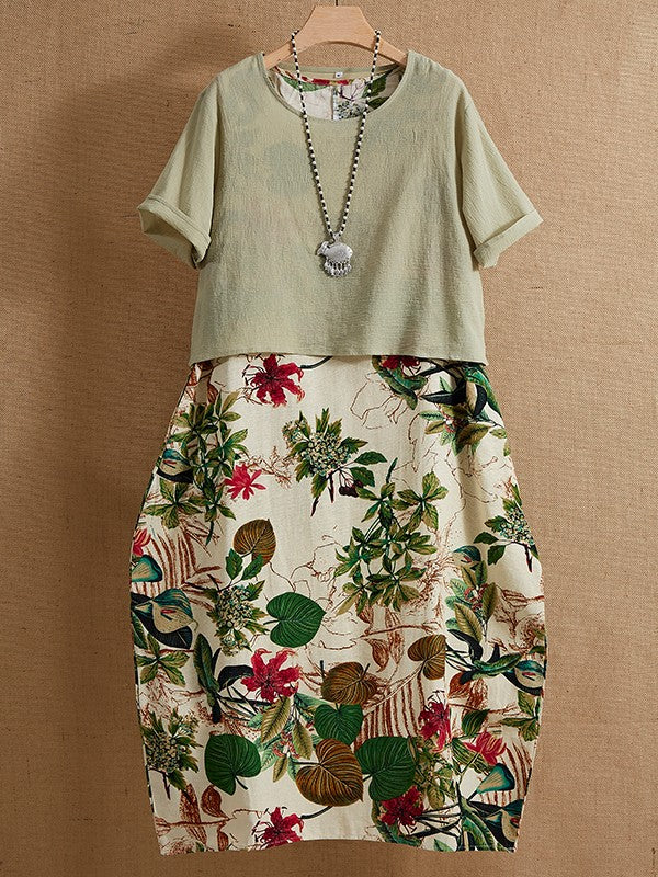 Stilla | To-delt Vintage-stil Maxi Kjole Med Korte Ærmer, Rund Halsudskæring Og Blomsterprint