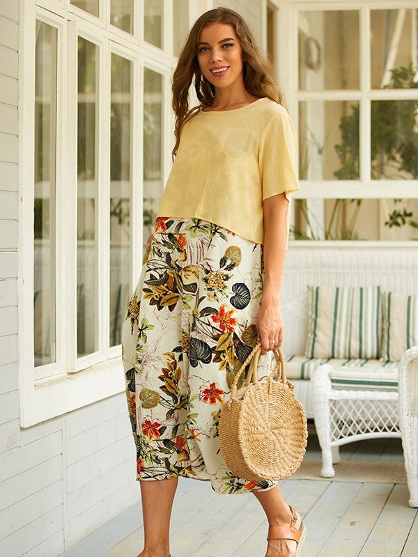 Stilla | To-delt Vintage-stil Maxi Kjole Med Korte Ærmer, Rund Halsudskæring Og Blomsterprint