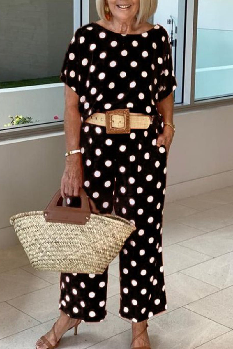 Stilla | Afslappet Polka Dot Patchwork O Hals Kort Ærme to Deler