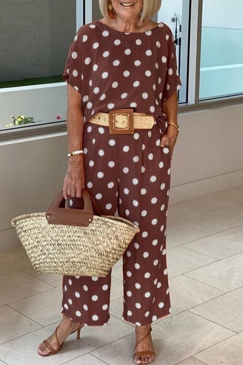 Stilla | Afslappet Polka Dot Patchwork O Hals Kort Ærme to Deler