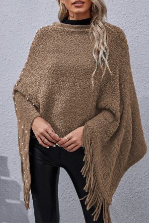 Stilla | Afslappet Solid Fringed Nitter Asymmetrisk O Hals Yderbeklædning