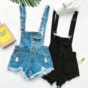Stilla | Denim Bomuld Strop Shorts Løs Overall Romper
