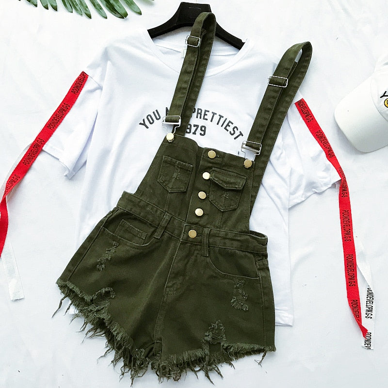 Stilla | Denim Bomuld Strop Shorts Løs Overall Romper