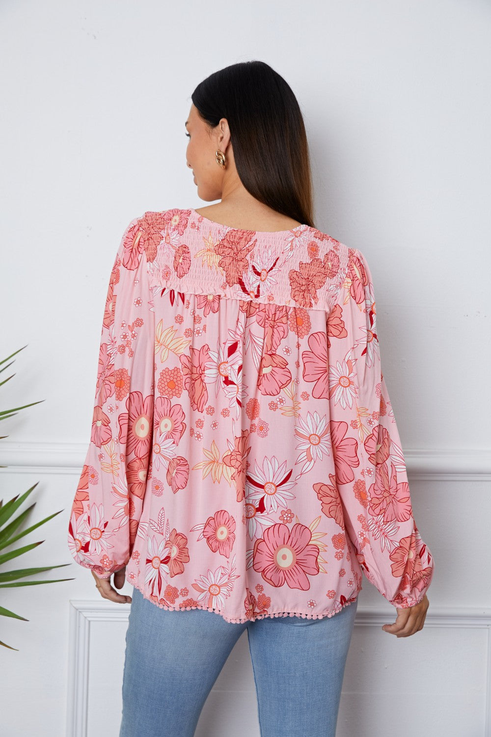 Stilla | Floral Smocked Quastenzug Bluse med Ballonærmer