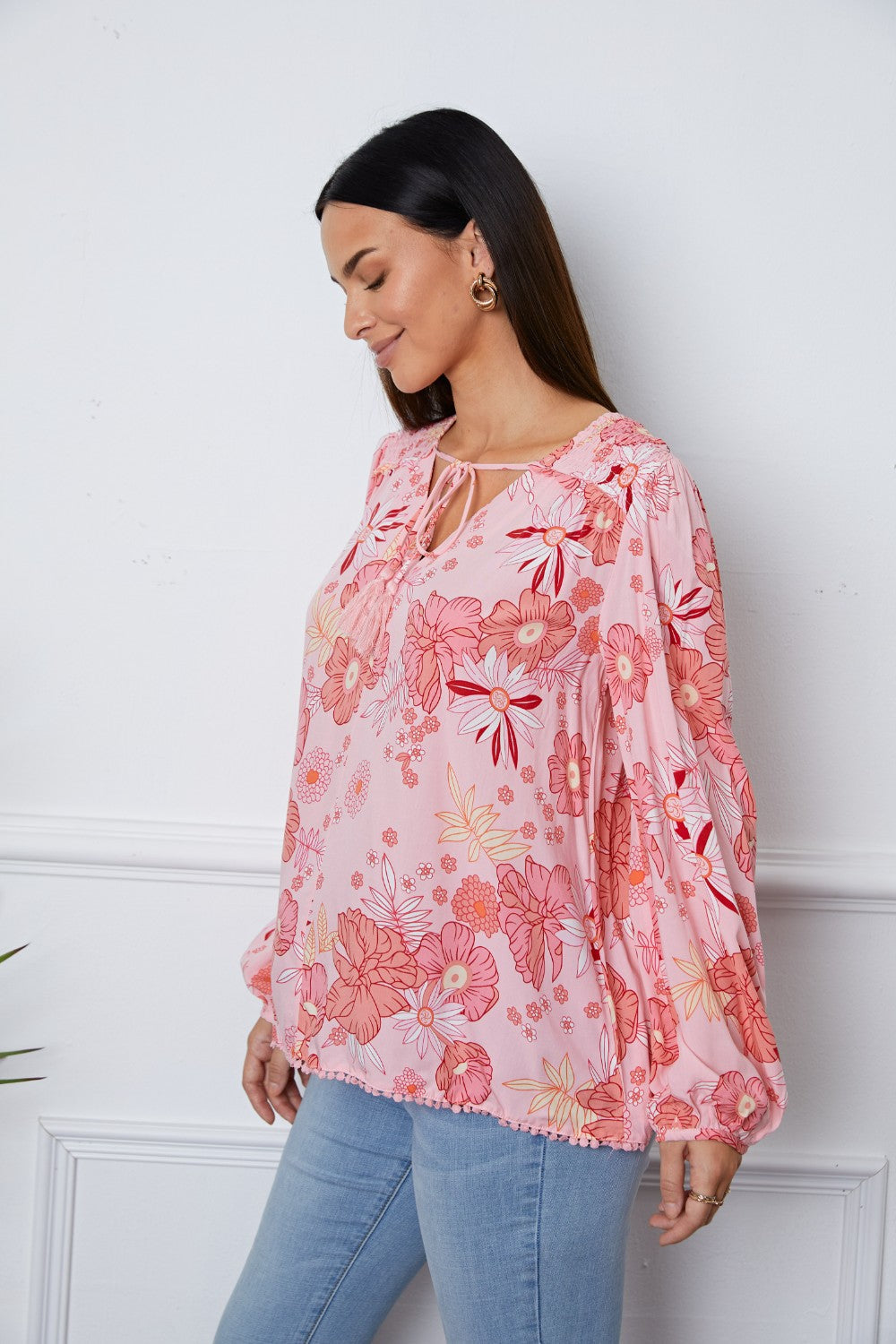 Stilla | Floral Smocked Quastenzug Bluse med Ballonærmer