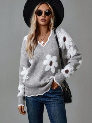 Stilla | Gray V-hals Floral Trøje
