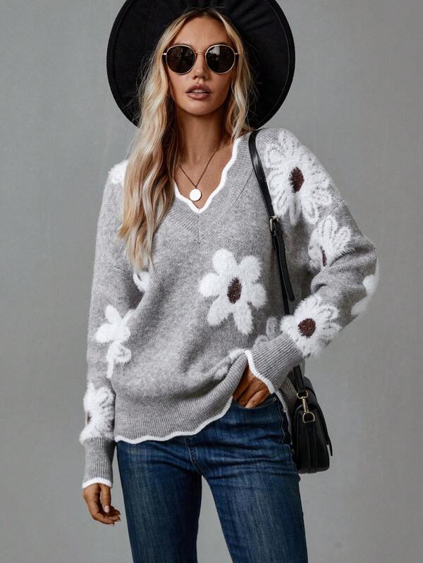 Stilla | Gray V-hals Floral Trøje