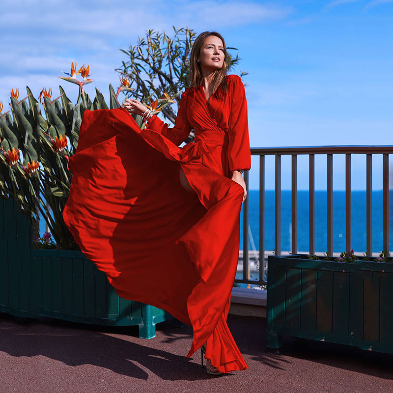 Stilla | Vibrant Colored V-Hals Maxi Kjole Med Wrap Lukning Og Lår Slids Online salg