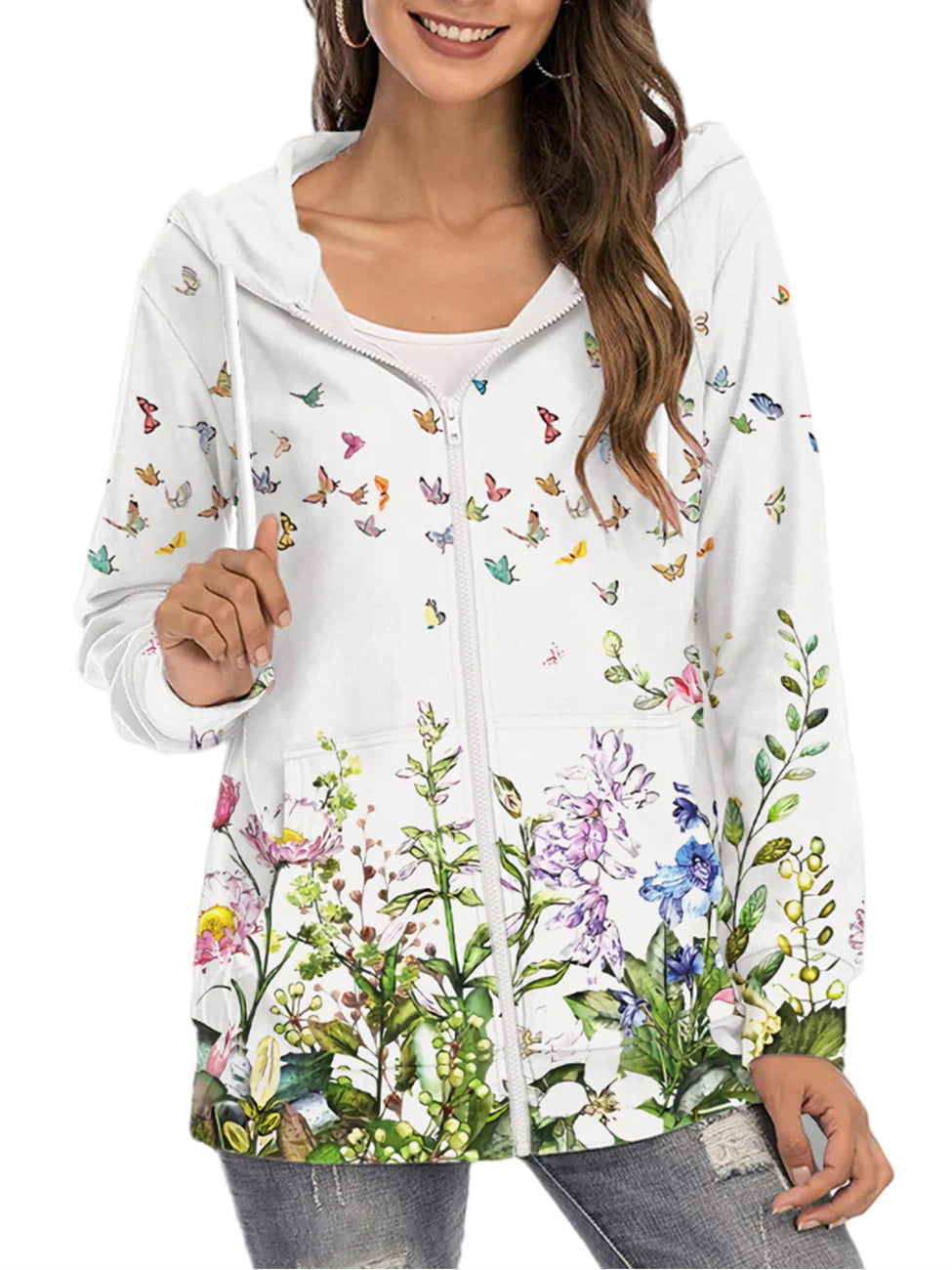 Stilla | Mode Floral Print Langærmet Zip Op Hættetrøje Sweatshirt