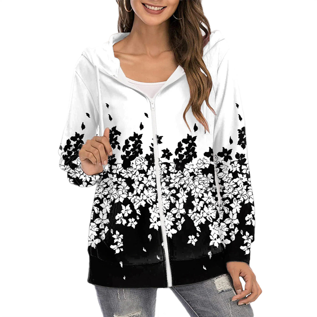 Stilla | Mode Floral Print Langærmet Zip Op Hættetrøje Sweatshirt