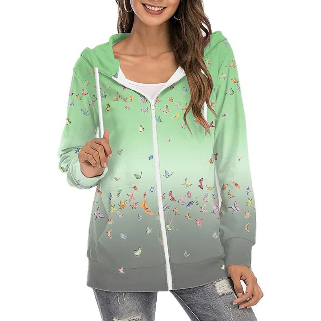 Stilla | Mode Floral Print Langærmet Zip Op Hættetrøje Sweatshirt