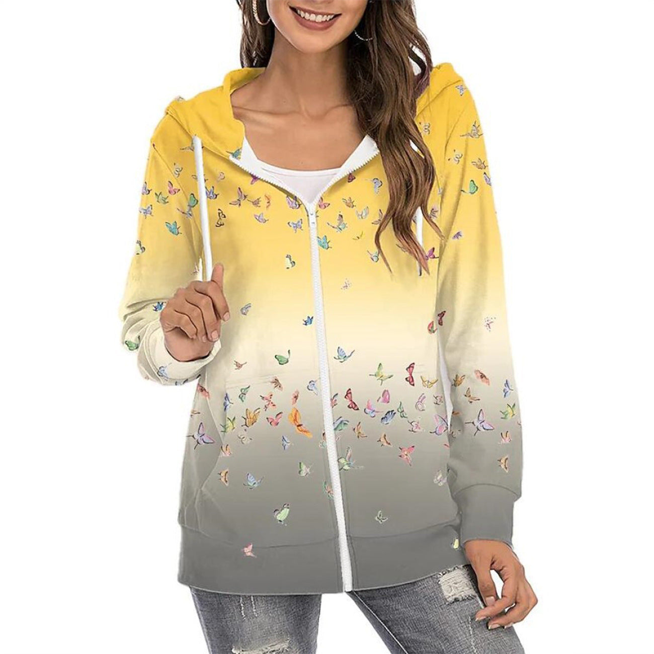 Stilla | Mode Floral Print Langærmet Zip Op Hættetrøje Sweatshirt