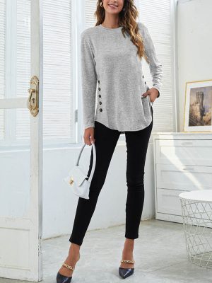 Stilla | Rundhalset Udsitning Dame Casual Enkelt Knap Langærmet T-shirt