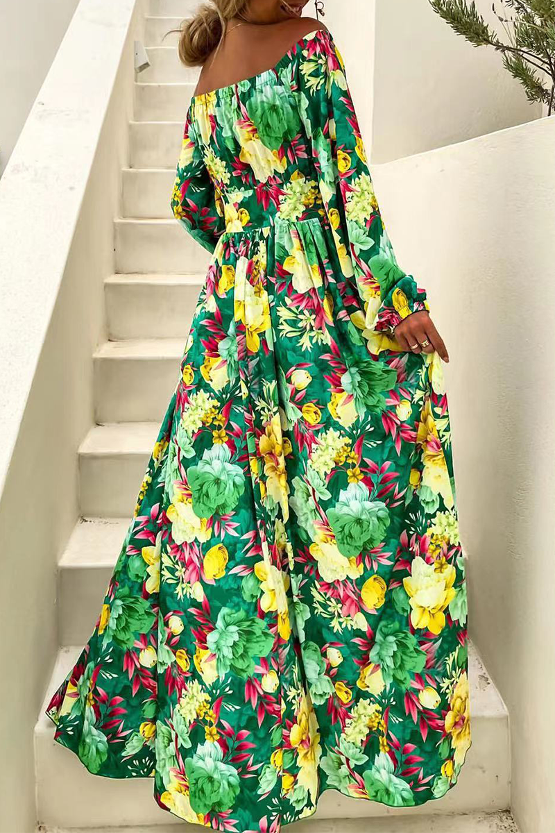 Stilla | Afslappet Print Split Joint Off the Shoulder Kage Skirt Kjoler Rabat