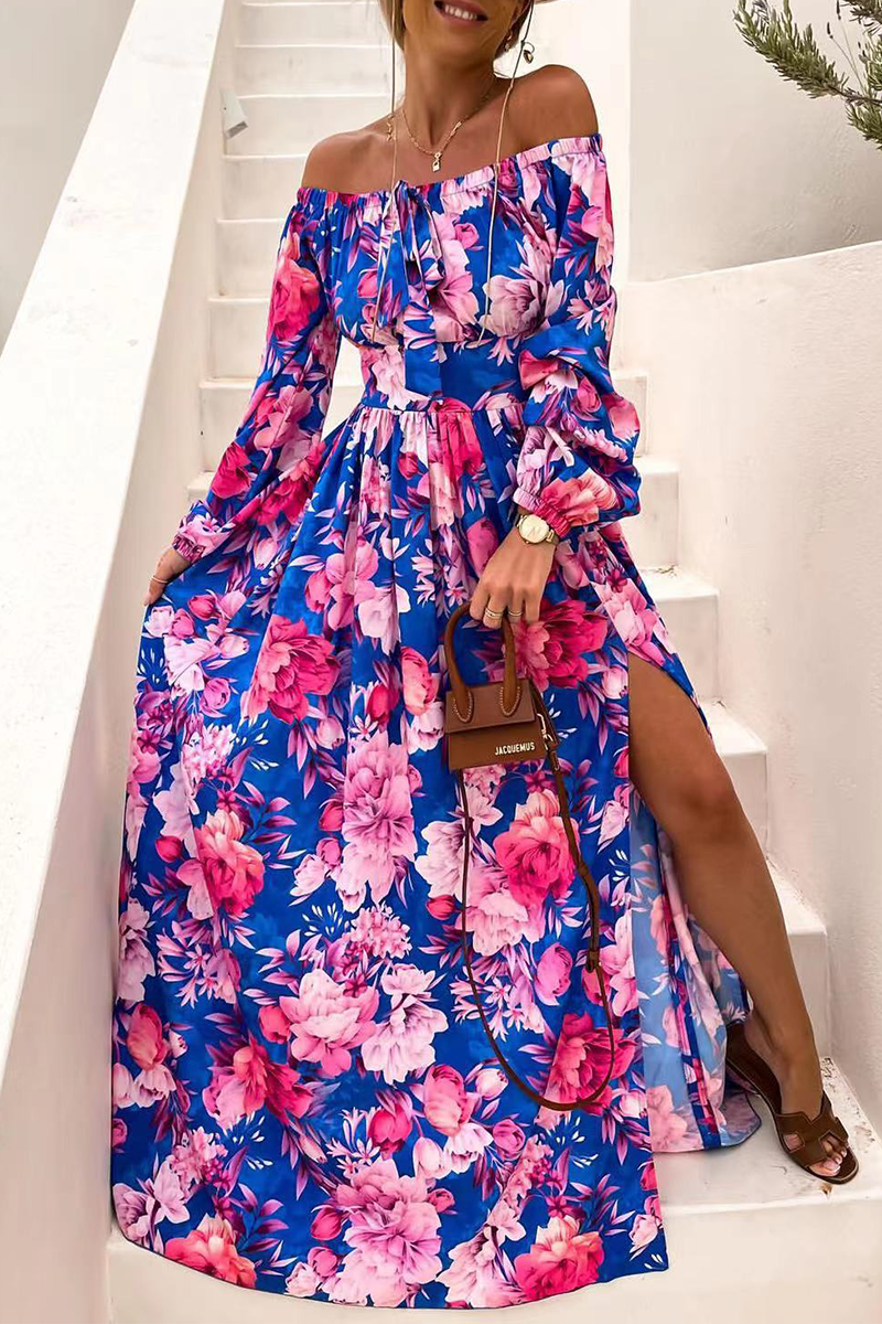 Stilla | Afslappet Print Split Joint Off the Shoulder Kage Skirt Kjoler Rabat