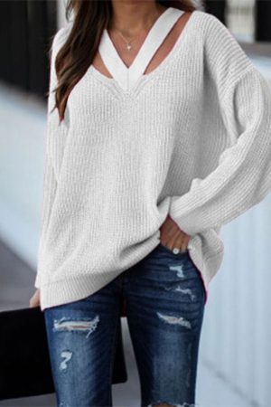 Stilla | Afslappet Solid Hullet Patchwork V-hals Trøje