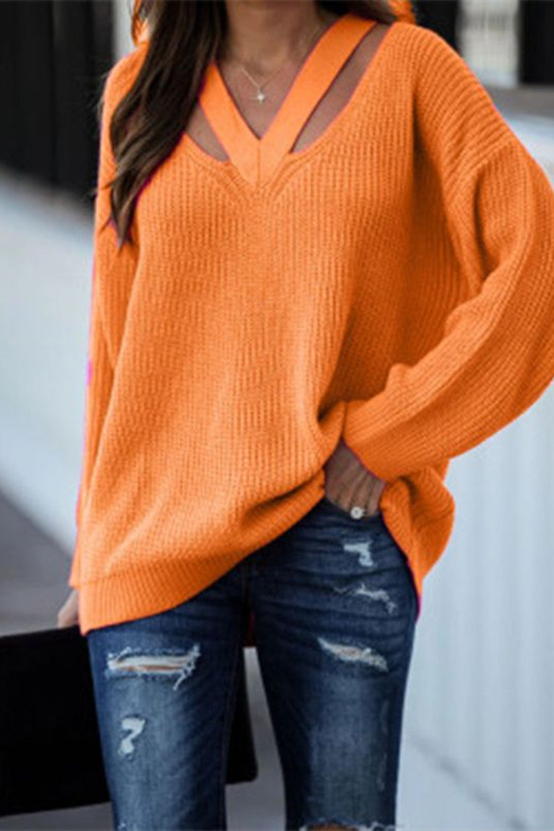 Stilla | Afslappet Solid Hullet Patchwork V-hals Trøje