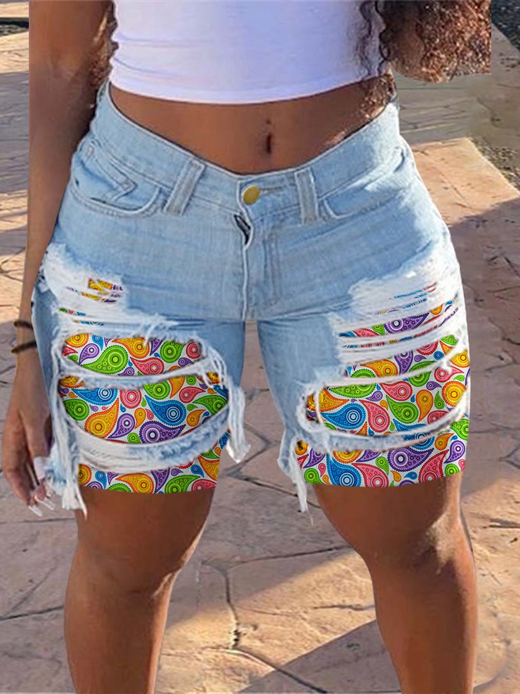 Stilla | Kvindernes Denim Shorts, Revnet Trykt Lige Denim Shorts