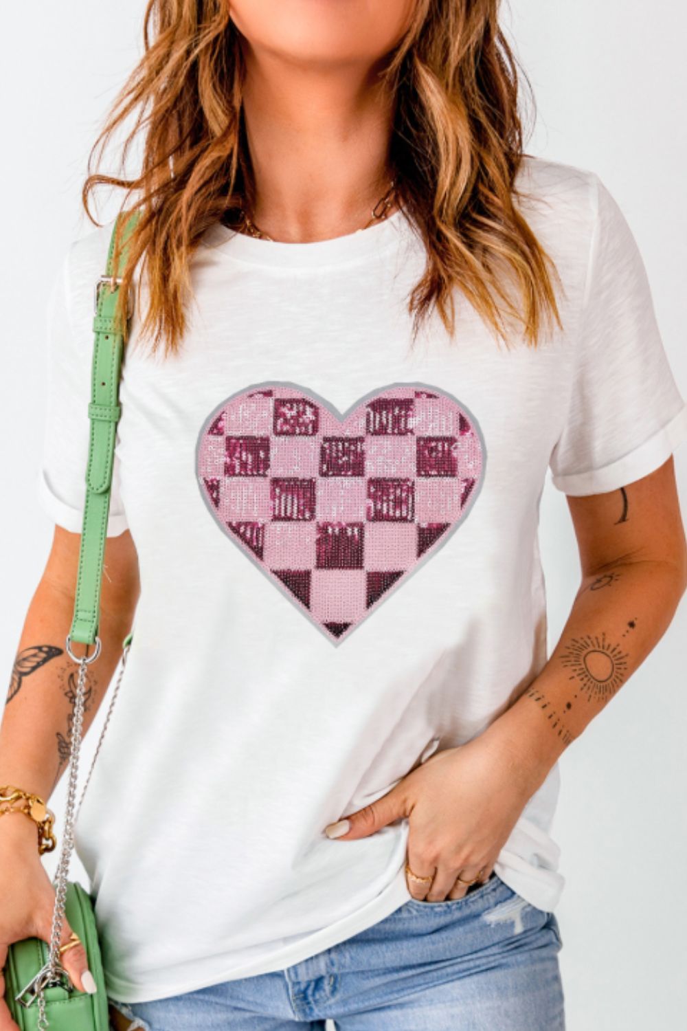 Stilla | Pailletternet Hjerte Rund Hals Korte Ærmer T-Shirt Online Hot Salg