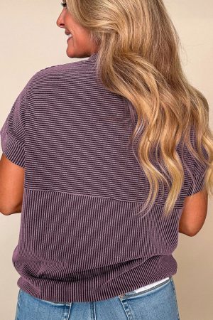 Stilla | Ribbet Strik-Mockneck Kortærmet T-Shirt Hot på udsalg