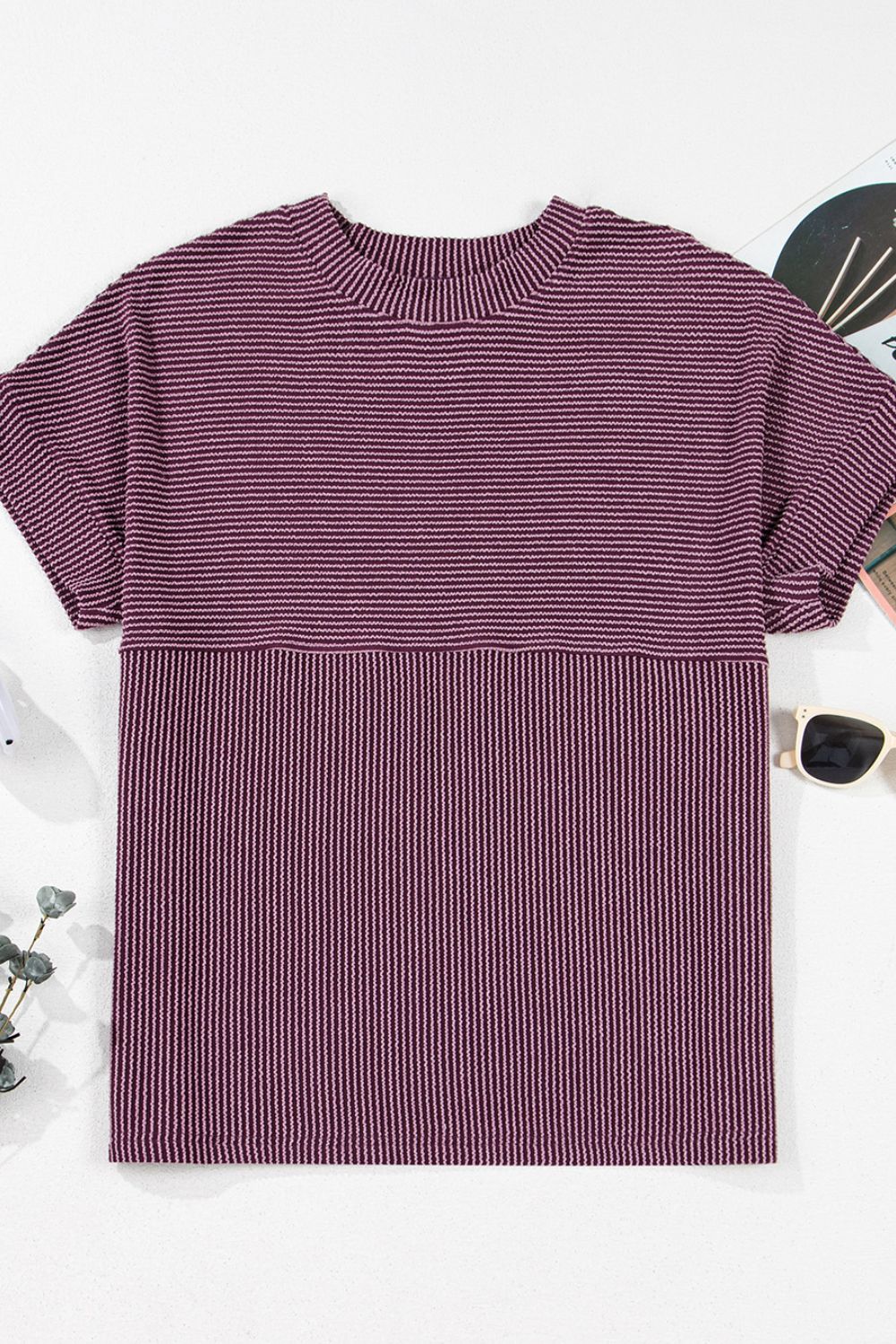 Stilla | Ribbet Strik-Mockneck Kortærmet T-Shirt Hot på udsalg