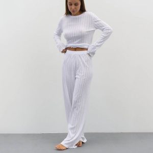 Stilla | Forår Sommer Sexet Elegante Vertikal Mønster Langærmede Bukser Strikkede Bløde Komfortable Pyjamas to Delt Hjemmetøj Kvinder