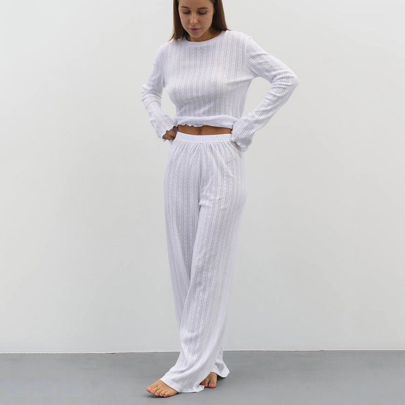 Stilla | Forår Sommer Sexet Elegante Vertikal Mønster Langærmede Bukser Strikkede Bløde Komfortable Pyjamas to Delt Hjemmetøj Kvinder