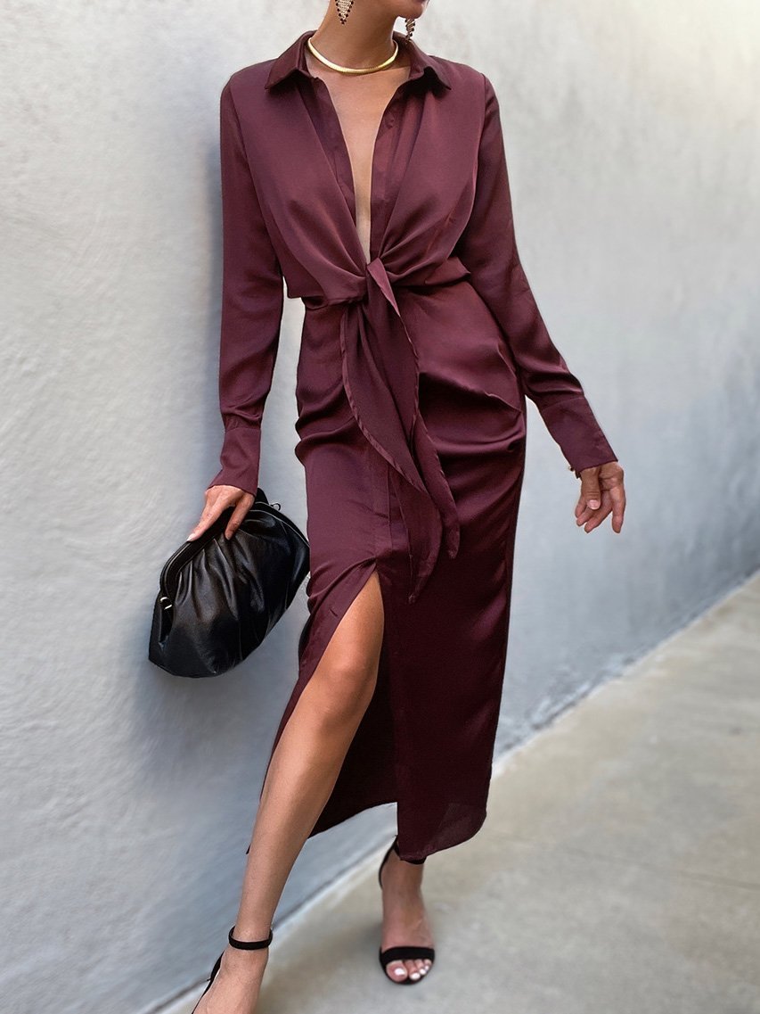Stilla | Damekjoler Fashionable Deep V-hals Forged Face Snøre Slids Kjole