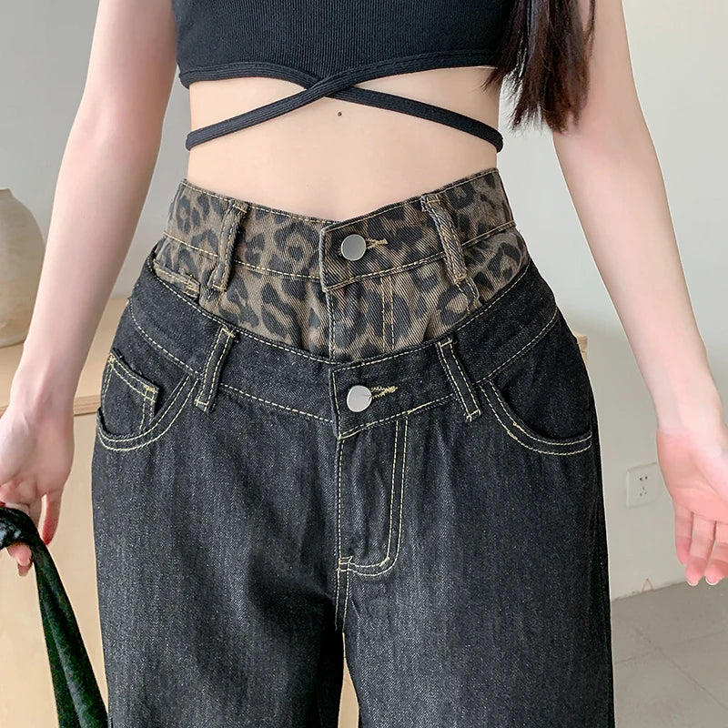 Stilla | Trashy Y2k 2000s Patchwork Sort Leopard Baggy Nye Jeans Kvinder Bukser Undertøj Bred Ben Lige Streetwear Dame Bukser på udsalg