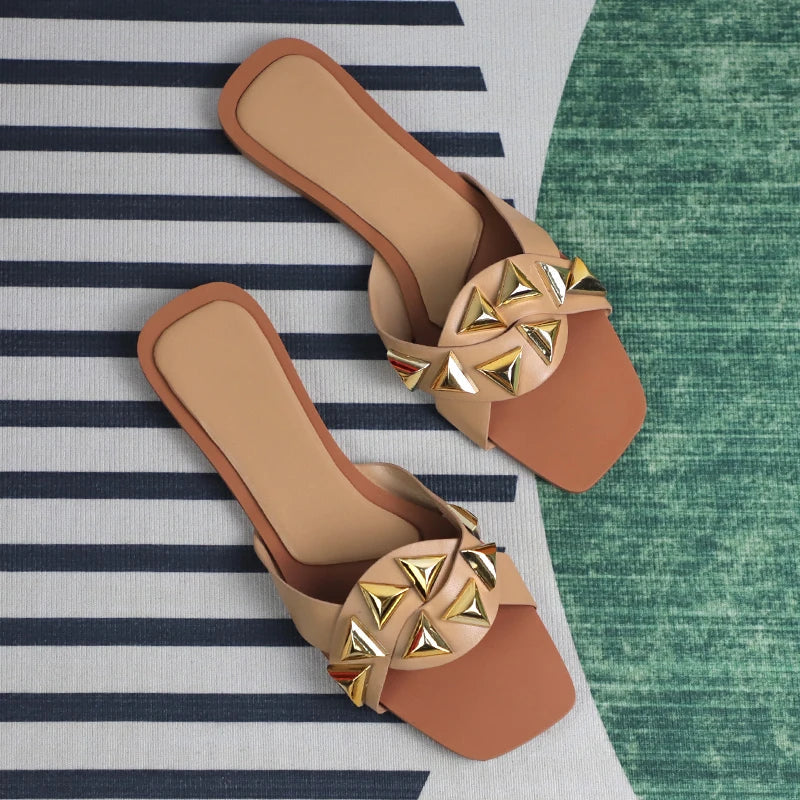 Stilla | Kvinder Flade Sandaler Mode Rivet Dekoration Design Sommer Fodtøj Let Blød Elegant Lav Hæle Rejse Strand Sko Til Dame